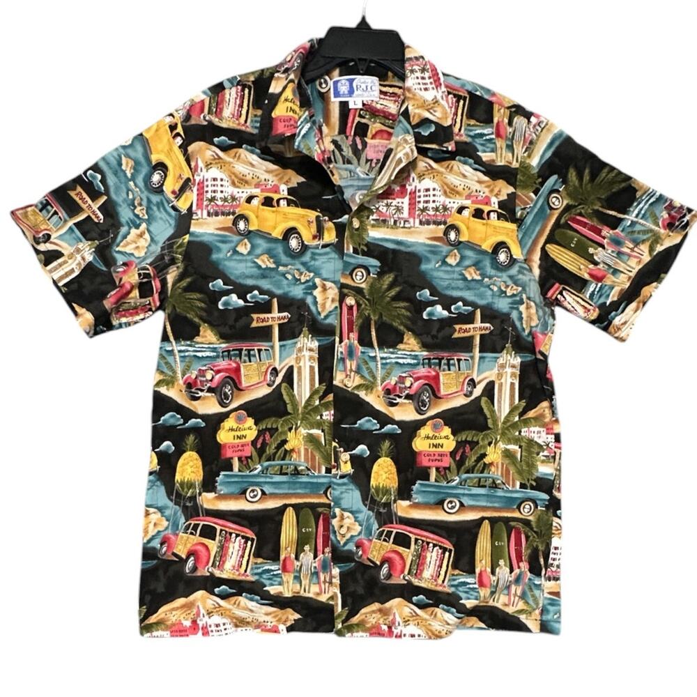 RJC Made in Hawaii Aloha Shirt Men's Large Vintage Classic Trucks Black Yellow